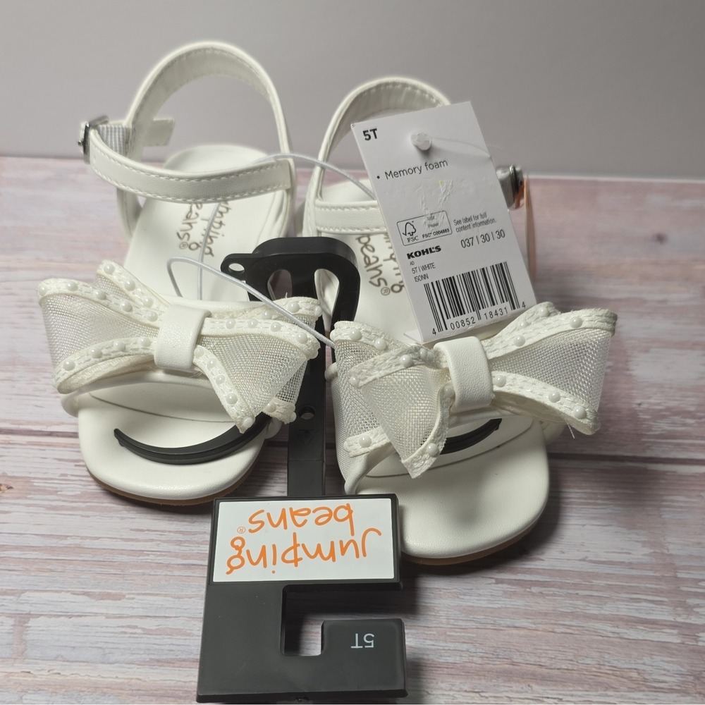 Jumping Beans Girls White Strappy Bow Sandals Memory Foam Buckle US 5